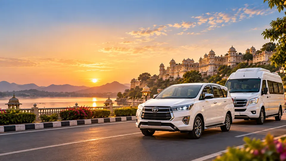 Innova and tempo traveller on a lakeside road at sunset
